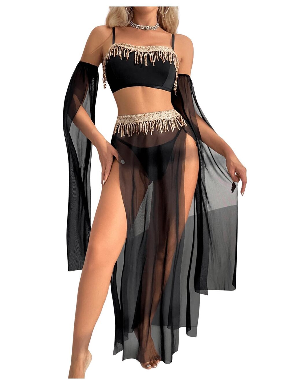 9438 Belly Dancer Costumes Tassel Crop Top Mesh Slit Maxi Skirt Roleplay